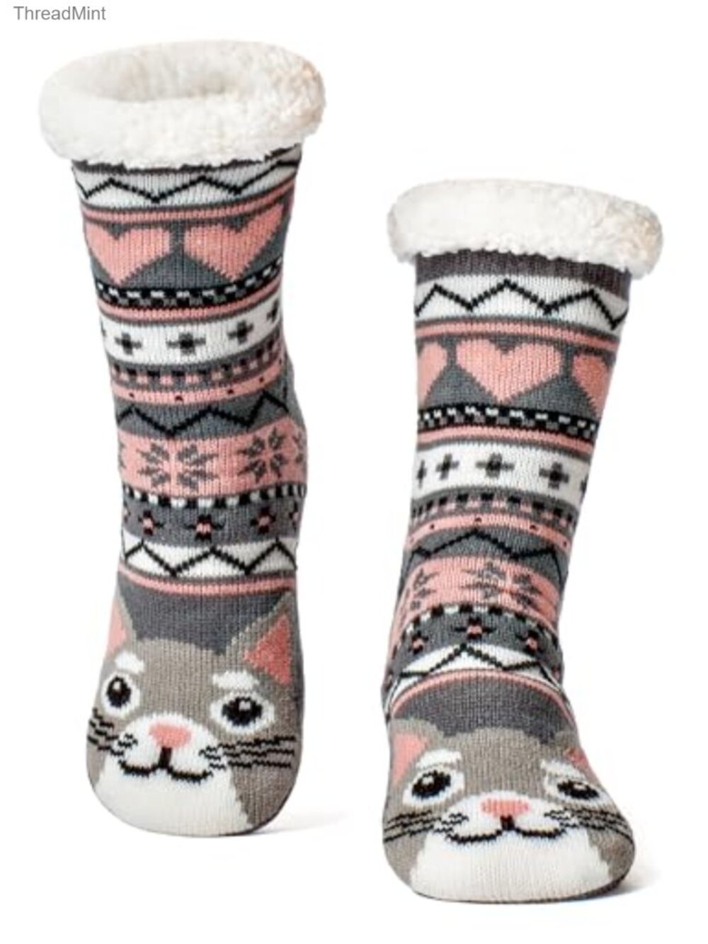 Sherpa-Lined Fuzzy Slipper Socks Non-Slip Grips Cat Print Cozy Indoor